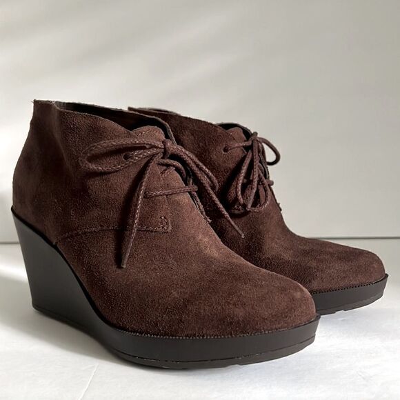 Cole Haan Brown Suede Wedge Heel Lace‎ Up Booties Size 7.5 - Picture 1 of 14